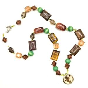 Gemstone Beaded Necklace Crystal Glass Preserved Floral Pendant 1990s Boho 15 in